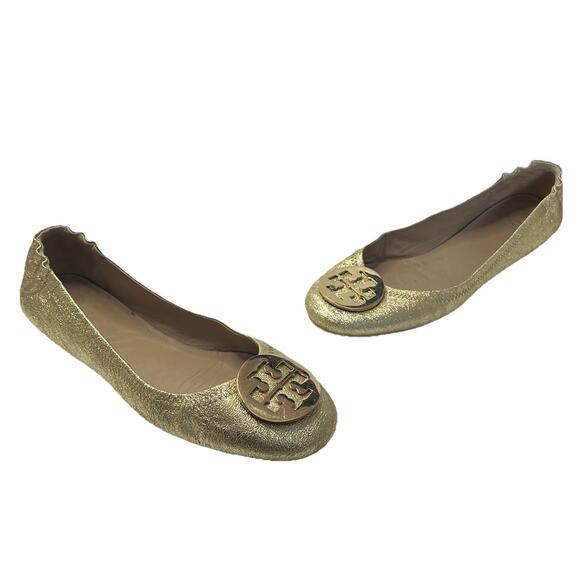 Tory Burch Shoe Spark Gold Smooth Metallic Logo Minnie Travel Ballet Flats